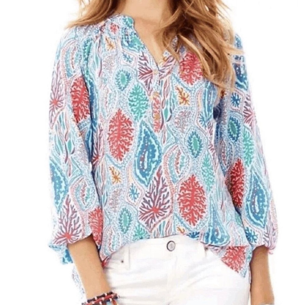 Lily Pulitzer Elsa Blouse silk Print:Let Minnow size small